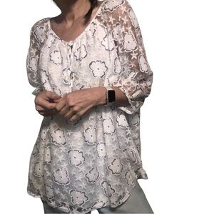 Siren Lily Lace Overlay Blouse Top 2X Sheer 3/4 Sleeve White Feminine Victorian